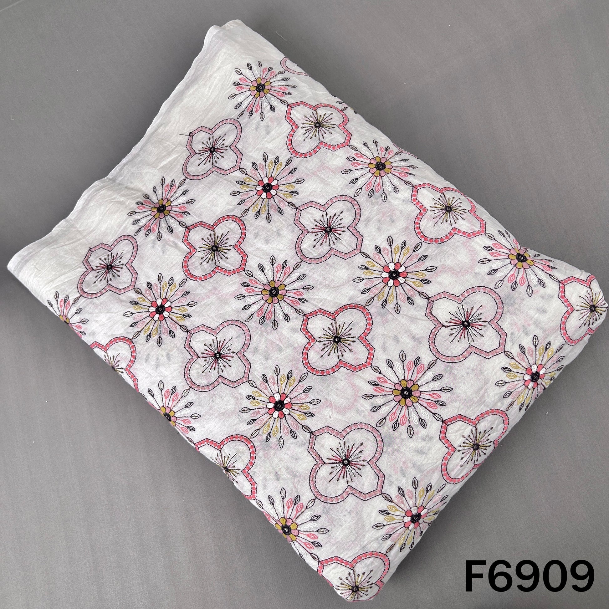 White Kora cotton fabric F6909 with floral thread embroidery, sequins highlights and soft festive detailing