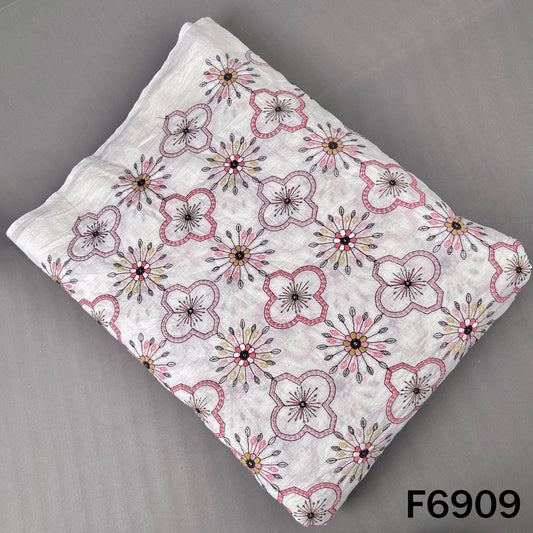 White Kora cotton fabric F6909 with floral thread embroidery, sequins highlights and soft festive detailing