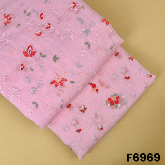 Baby pink Mul Chanderi fabric F6969 with delicate floral thread embroidery, sequins highlights and soft pastel charm