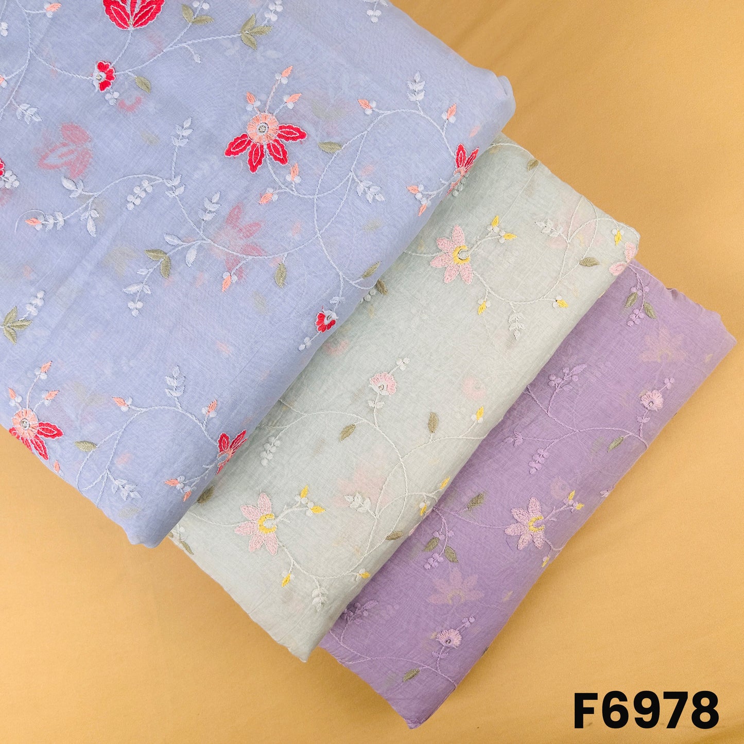 Pastel Mul Chanderi fabric F6978 with floral thread embroidery and subtle sequins work in lavender, mint and sky blue shades