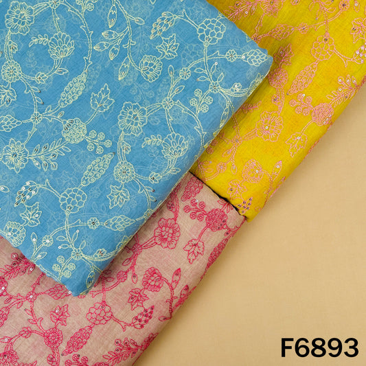 Thread sequins embroidered pure Chanderi fabric F6893 displayed in blue, yellow and pink color options