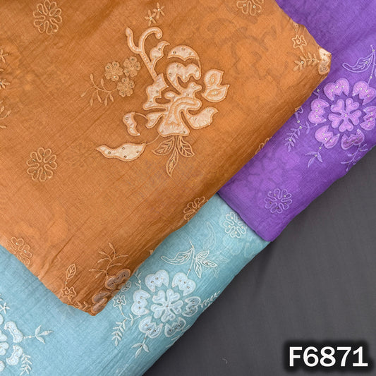 Thread sequins work Mul Chanderi fabric F6871 in orange, purple and blue shades
