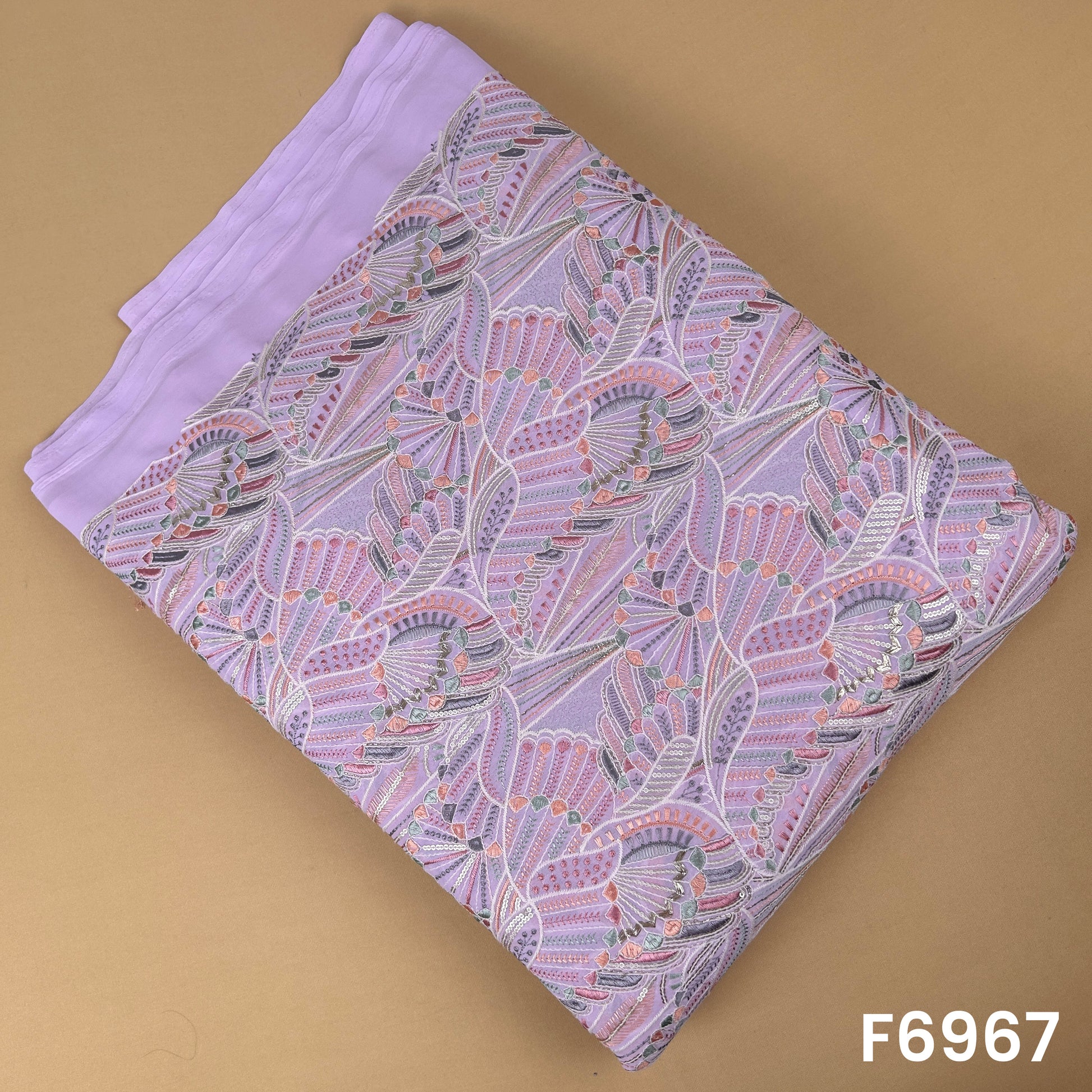 Lavender Georgette fabric F6967 with thread sequins and zari embroidery in pastel pink, grey and silver tones