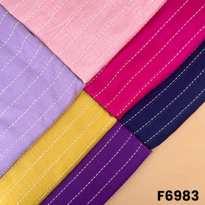 Multicolor Mul Chanderi fabric F6983 with vertical thread stripe detailing in pink, lavender, yellow, purple and navy shades