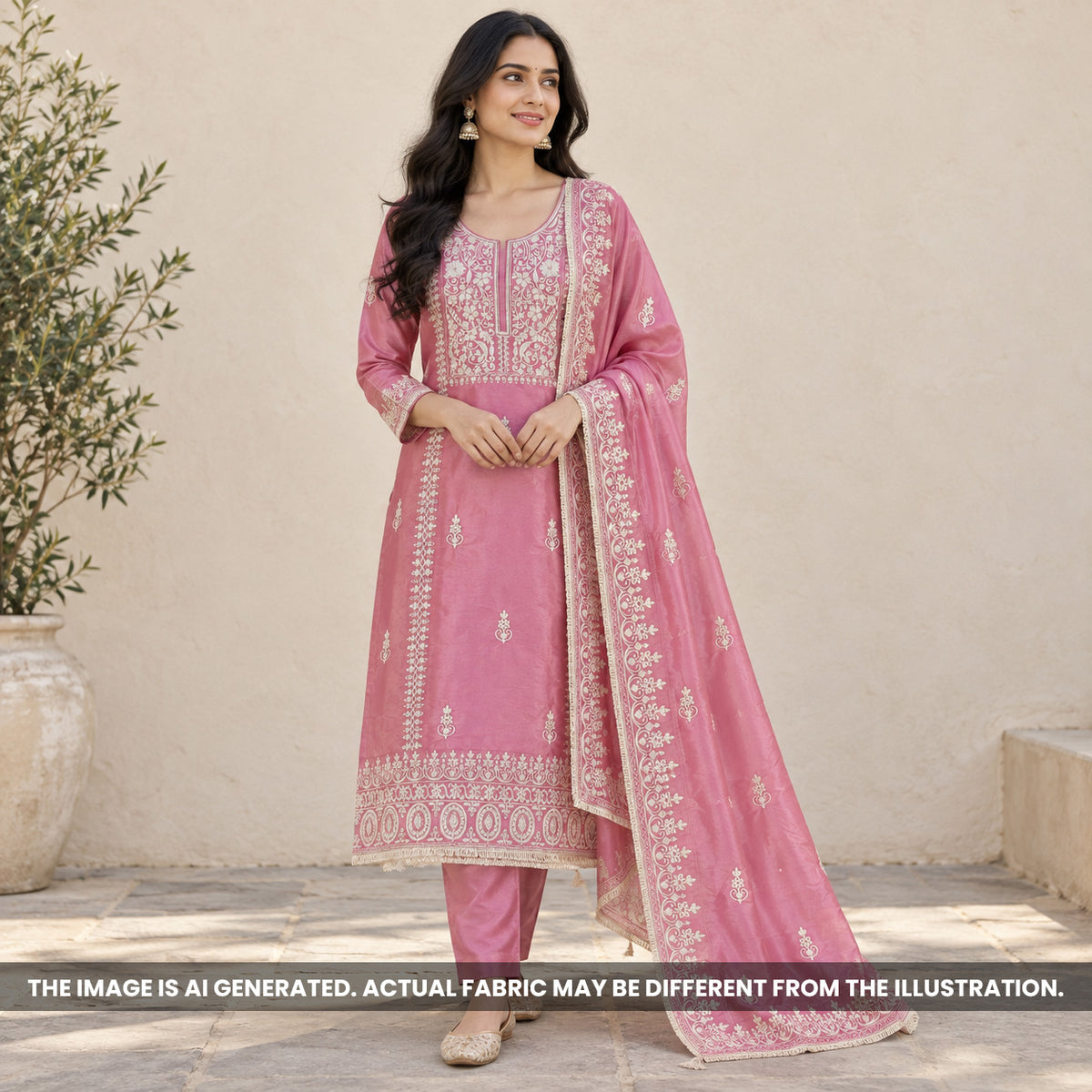 Rose pink embroidered tissue silk suit on model