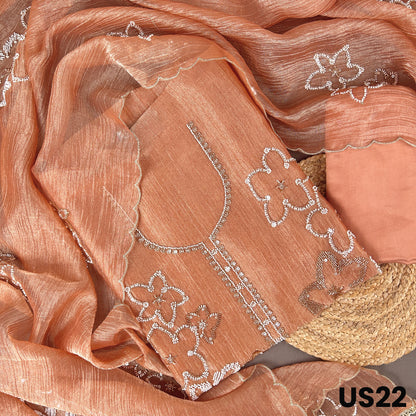 Soft peach crush tissue suit with pearl embroidery