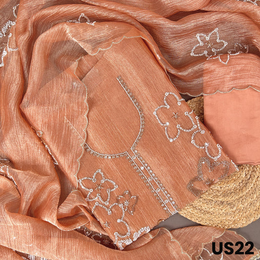 Soft peach crush tissue suit with pearl embroidery
