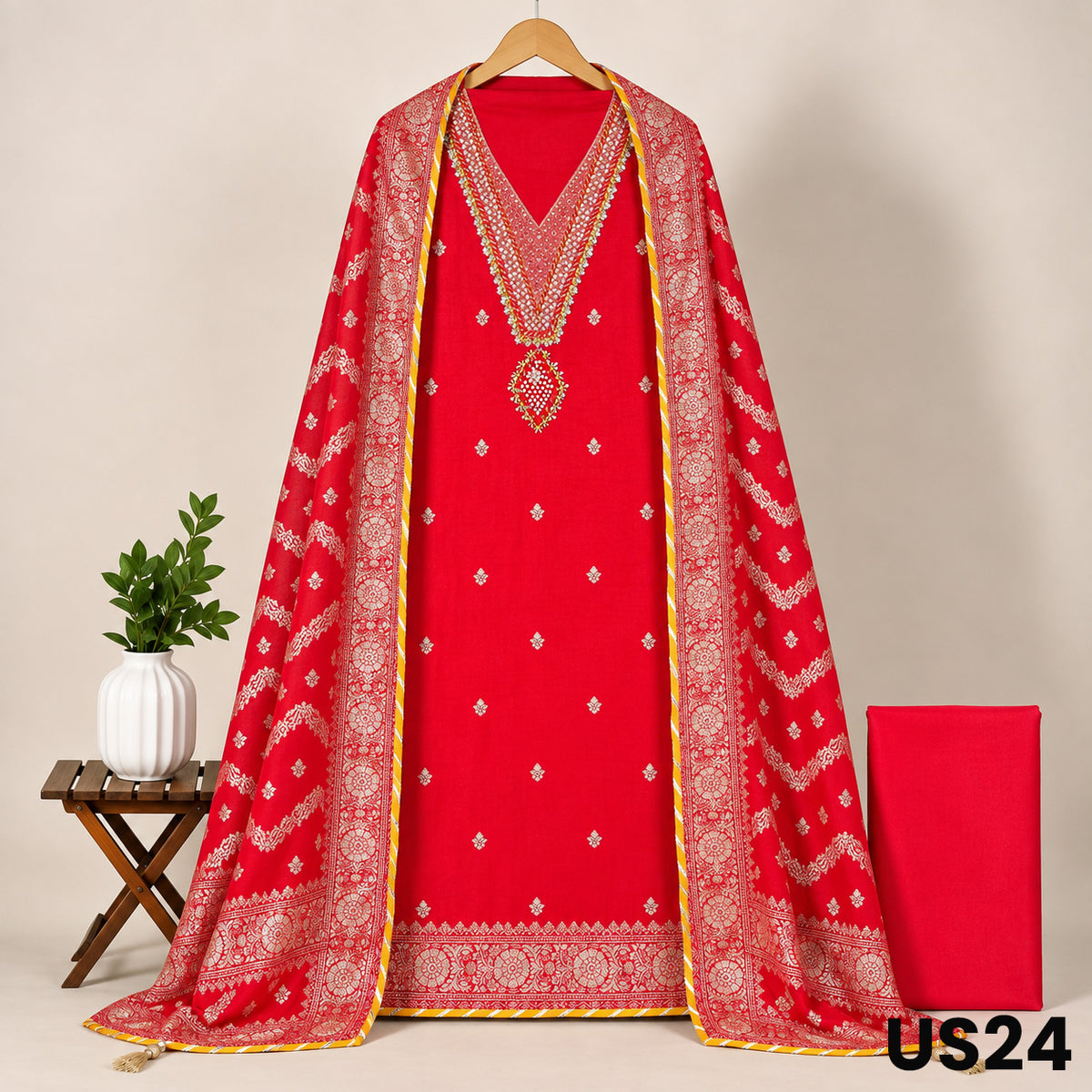 Red Dola silk suit with zari woven dupatta