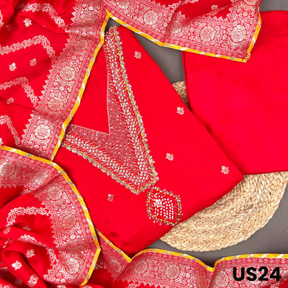 Red Dola silk suit set with pearl zari embroidery