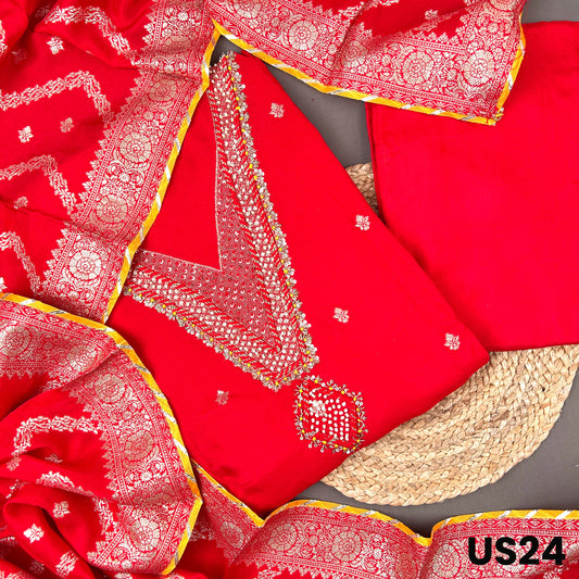 Red Dola silk suit set with pearl zari embroidery