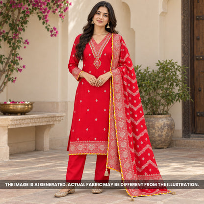 Red embroidered Dola silk suit styled on model