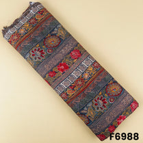 Earthy printed rayon fabric F6988 with floral motifs, paisley artwork and traditional stripe border design