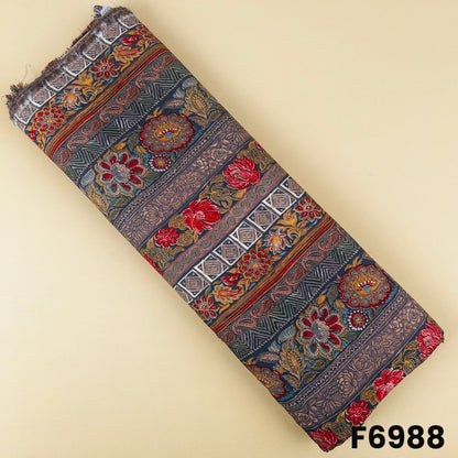 Earthy printed rayon fabric F6988 with floral motifs, paisley artwork and traditional stripe border design