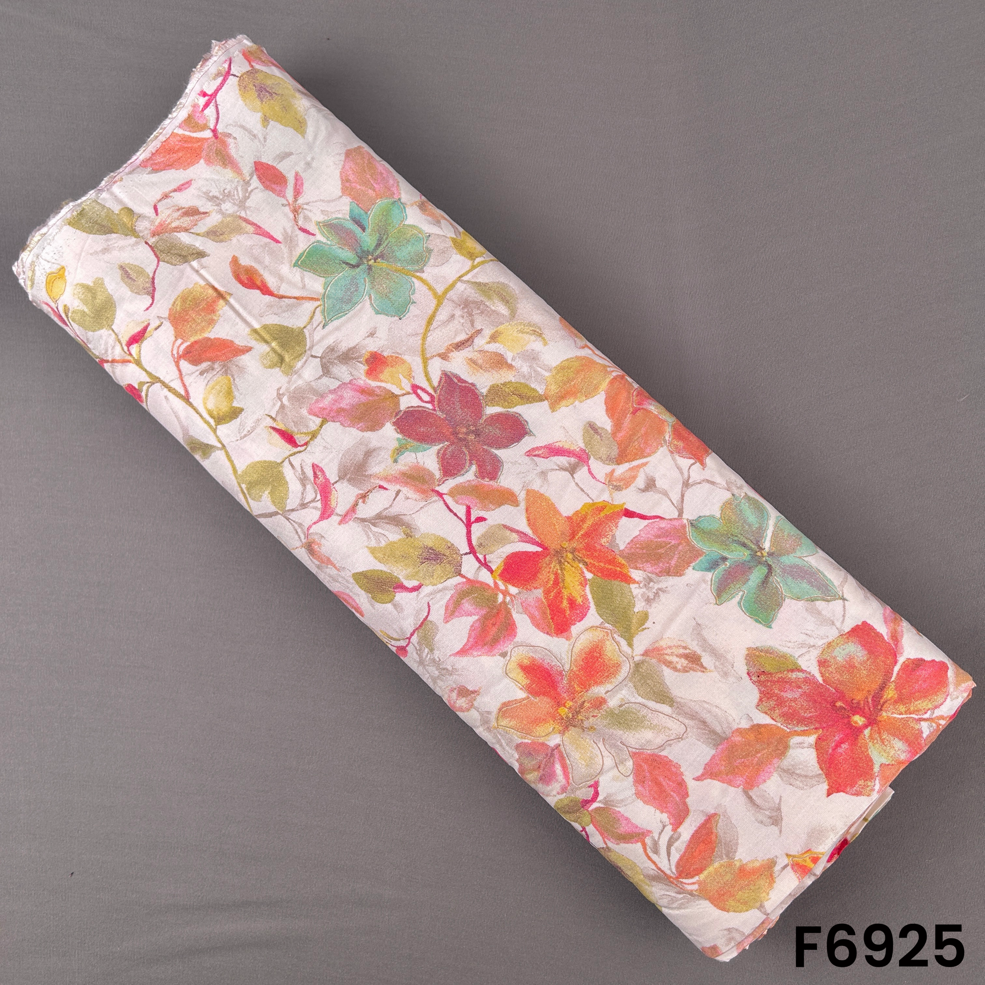 Ivory printed rayon fabric F6925 with watercolor floral artwork in coral, peach, sage, olive and aqua tones
