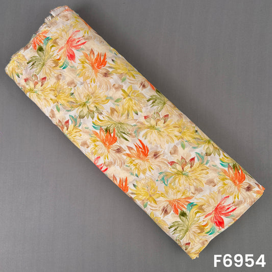 Printed rayon fabric F6954 featuring soft watercolor florals in coral, mustard, olive and beige tones