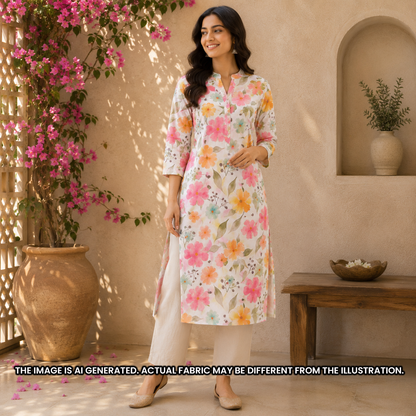 Indian model wearing a white floral kurti made from lightweight printed rayon fabric F6927