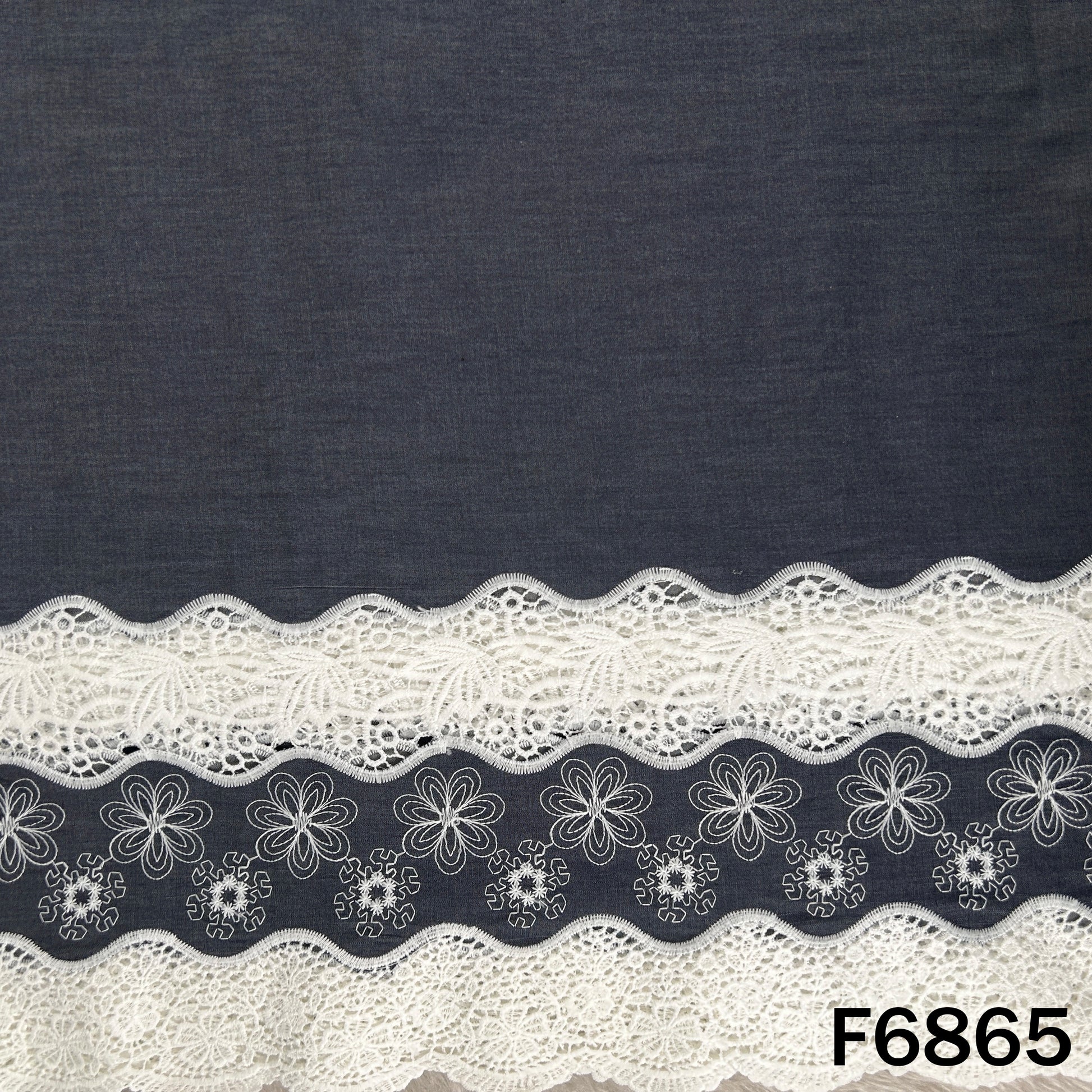 White thread lace work border on premium cotton denim fabric