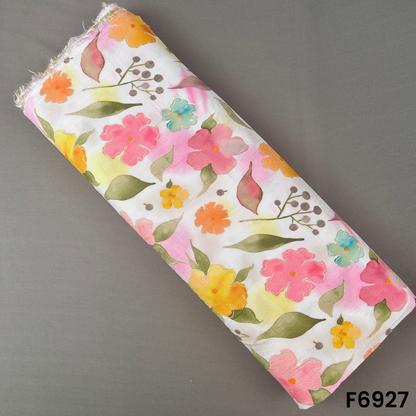 White printed rayon fabric F6927 with watercolor flowers in pink, peach, yellow, olive and soft aqua shades
