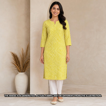 Indian model wearing a yellow striped kurti made from Printed Stripes Cotton fabric F6968