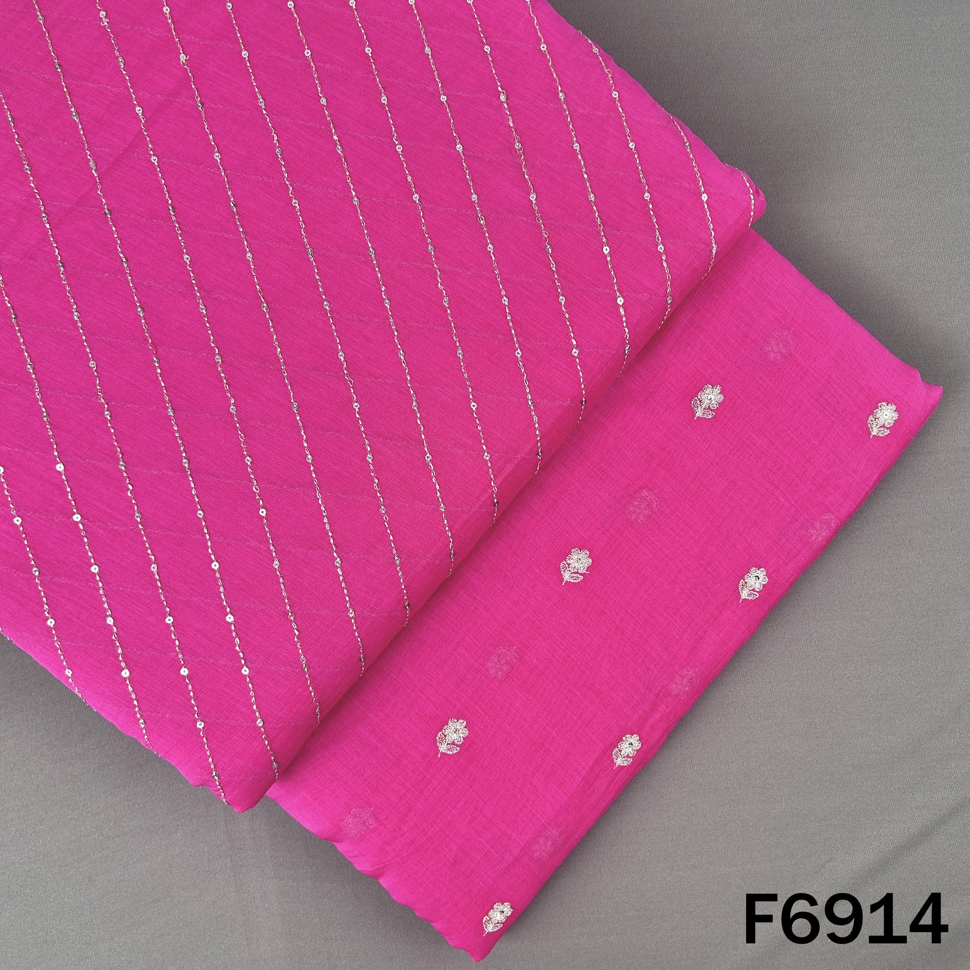 Hot pink Mul Chanderi fabric F6914 with diagonal zari stripe top and coordinated embroidered bottom panel