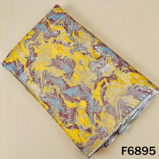 Zari work ombre shade shimmer tissue fabric F6895 with yellow, silver and grey artistic pattern