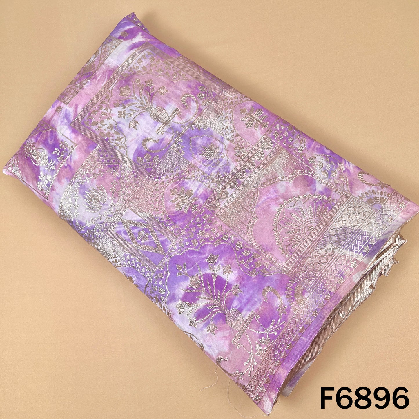 Lavender ombre shimmer tissue fabric F6896 with silver zari work and artistic festive pattern