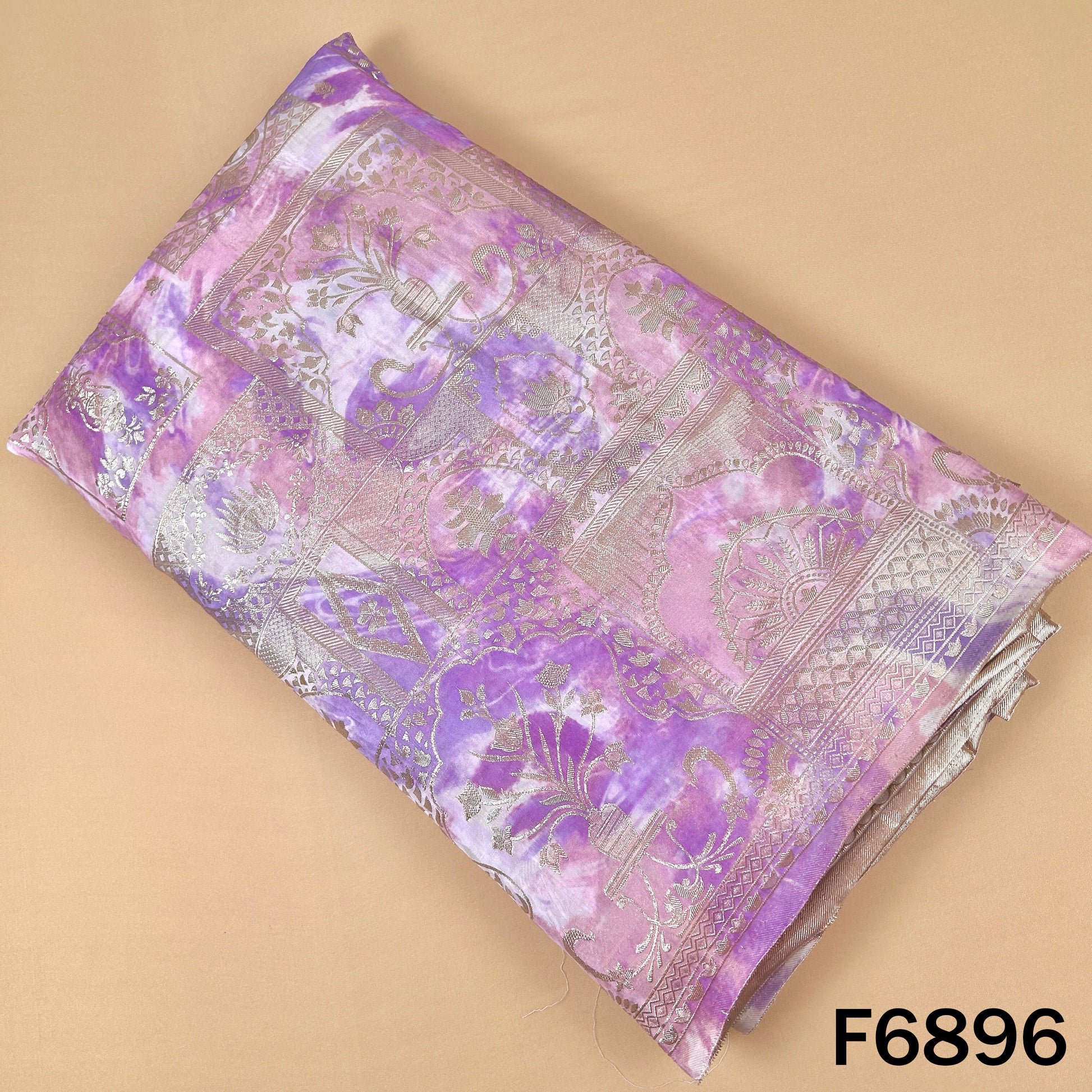 Lavender ombre shimmer tissue fabric F6896 with silver zari work and artistic festive pattern