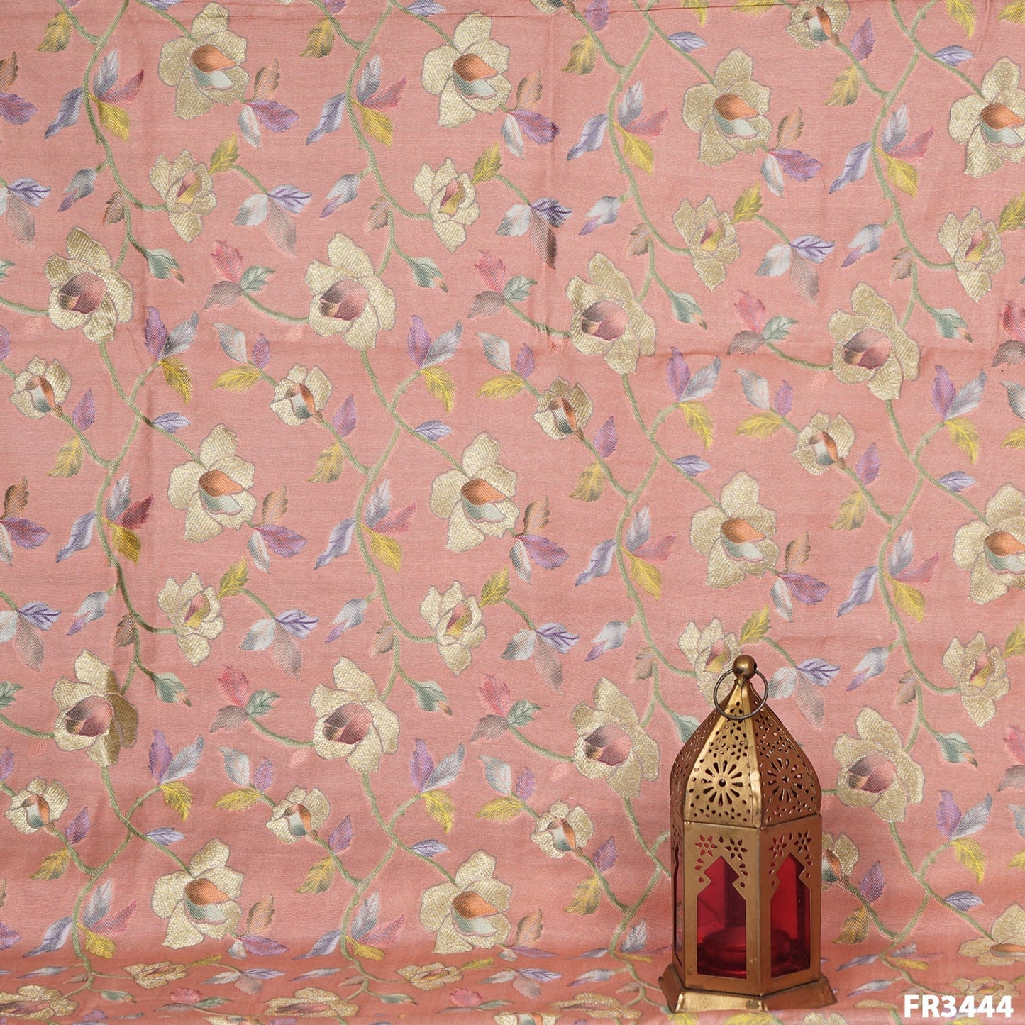 Zari Position Print Pure Silk Chanderi Brocade Fabric-FR3444