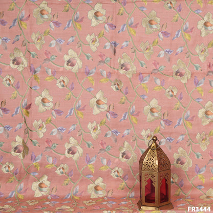 Zari Position Print Pure Silk Chanderi Brocade Fabric-FR3444