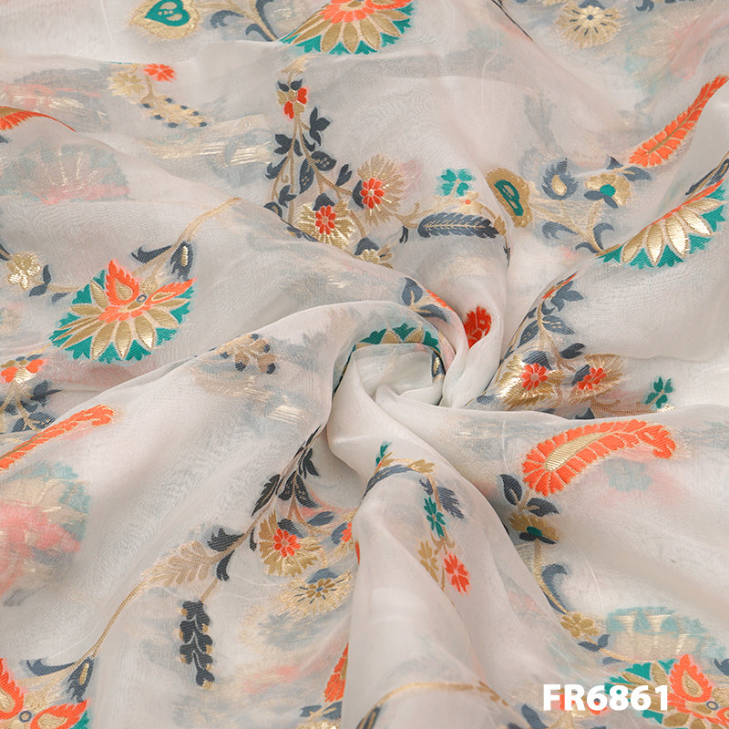 Dyeable Zari Embroidered Organza Fabric-FR6861