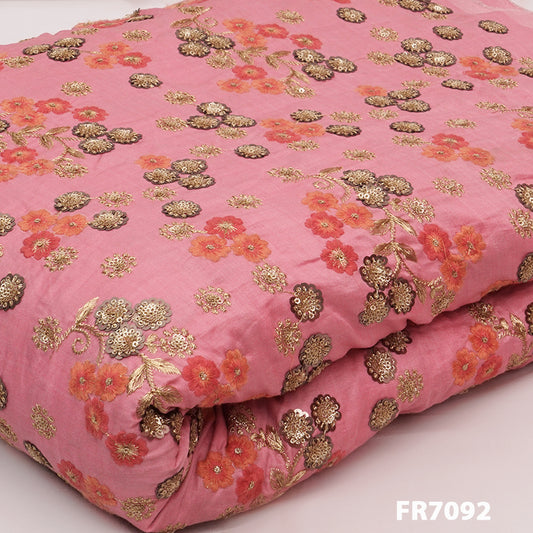 Zari Embroidered Sequins Linen Silk Fabric-FR7092