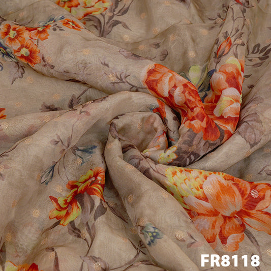 Printed Organza With Zari Buta Fabric-FR8118