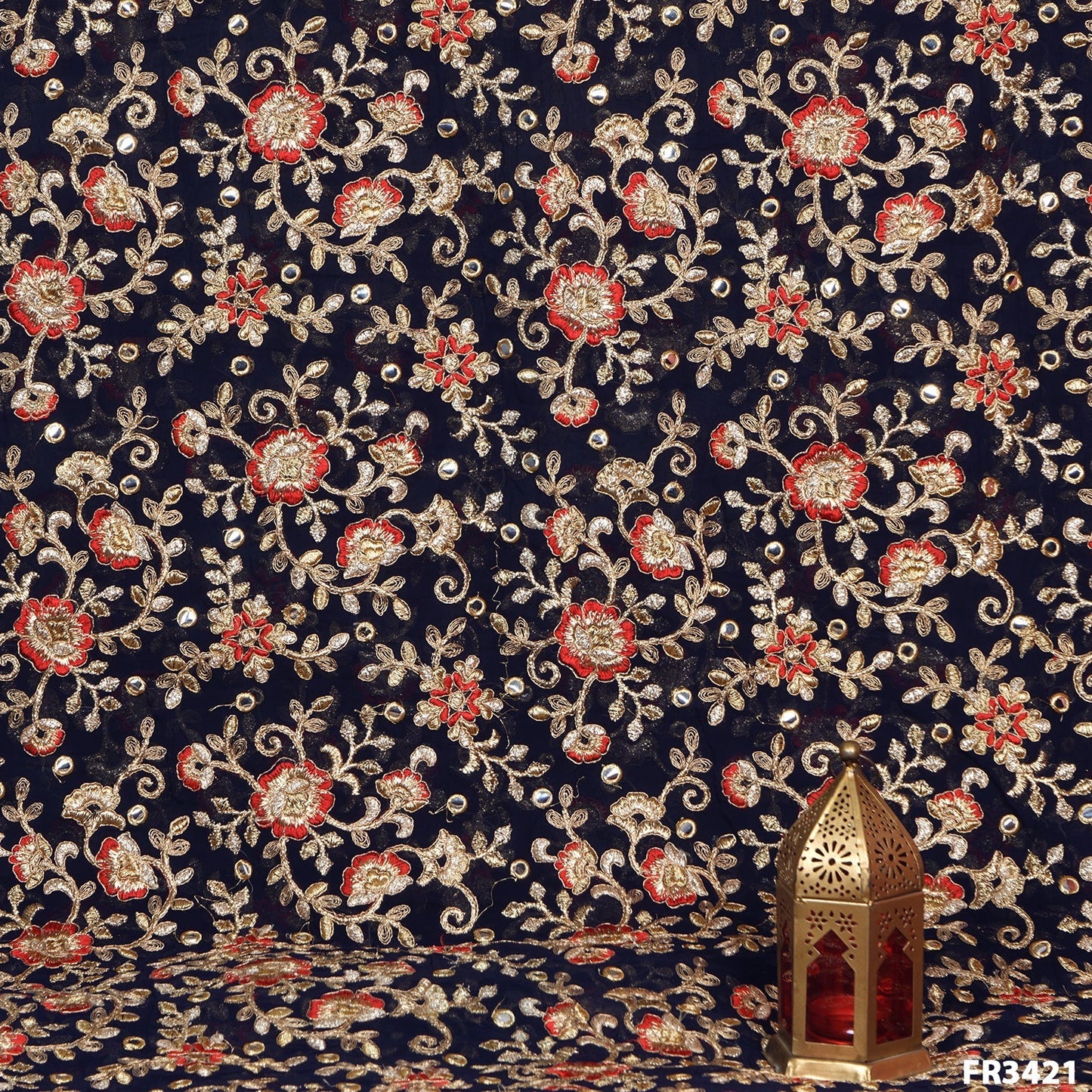 Embroidered Faux Mirror Georgette Fabric-FR3421