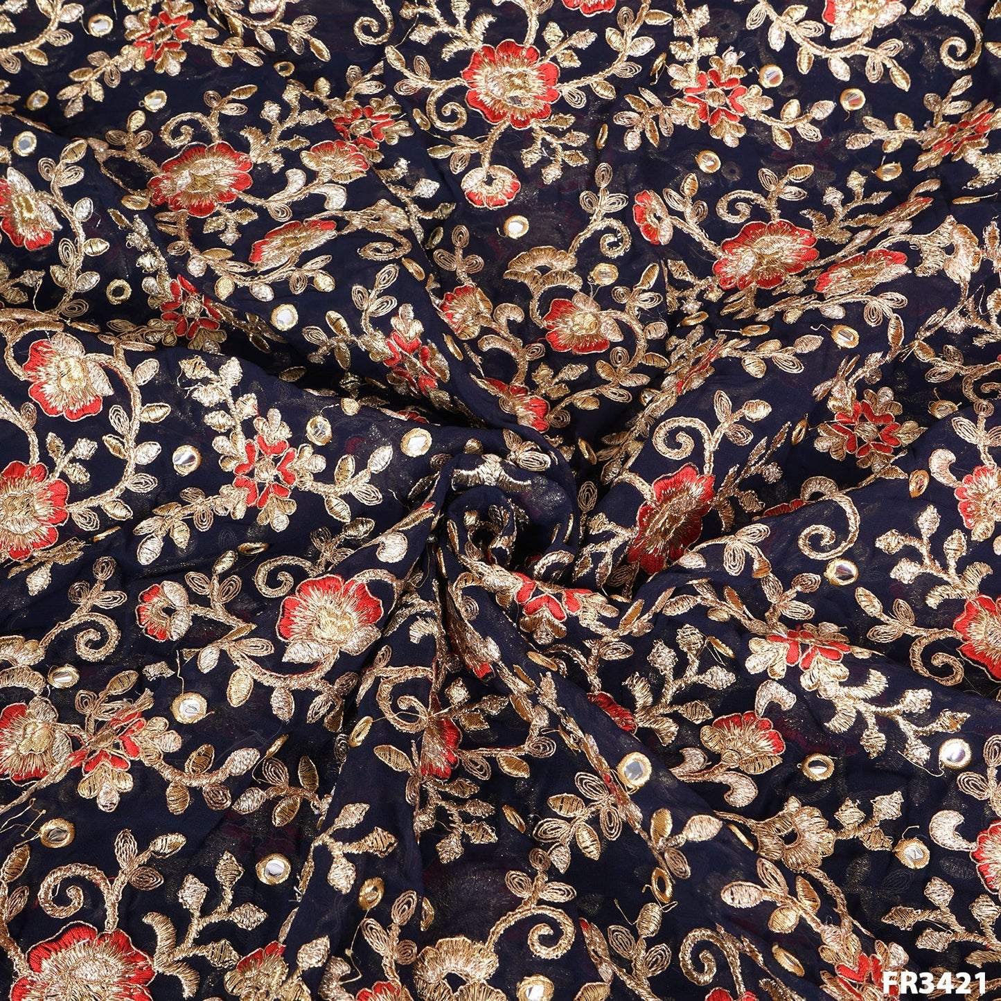 Embroidered Faux Mirror Georgette Fabric-FR3421