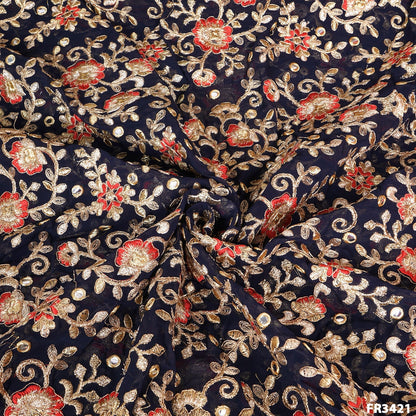 Embroidered Faux Mirror Georgette Fabric-FR3421