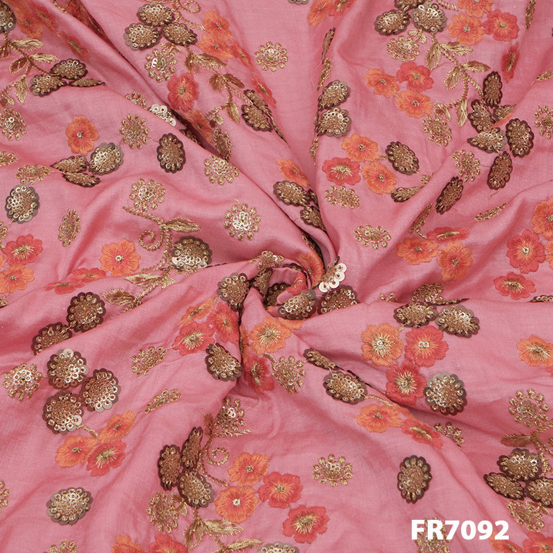 Zari Embroidered Sequins Linen Silk Fabric-FR7092