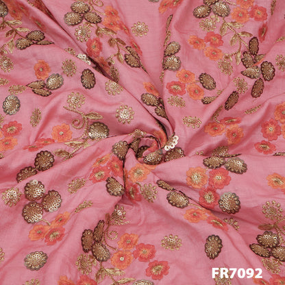 Zari Embroidered Sequins Linen Silk Fabric-FR7092