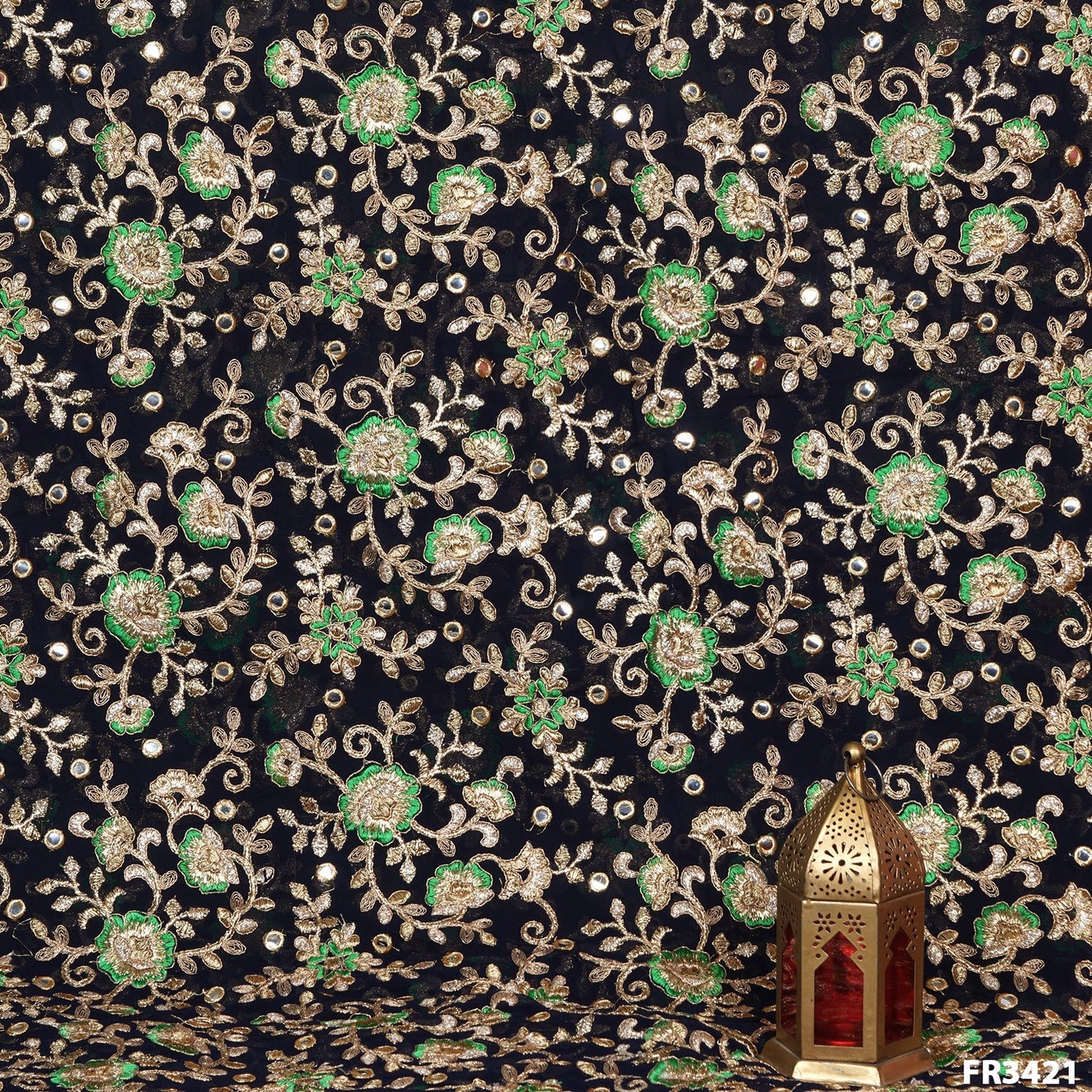 Embroidered Faux Mirror Georgette Fabric-FR3421