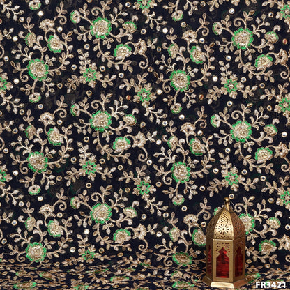 Embroidered Faux Mirror Georgette Fabric-FR3421