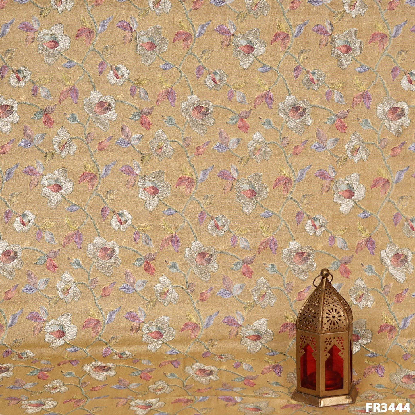Zari Position Print Pure Silk Chanderi Brocade Fabric-FR3444