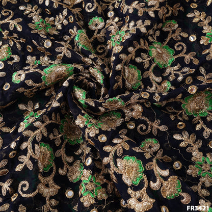 Embroidered Faux Mirror Georgette Fabric-FR3421