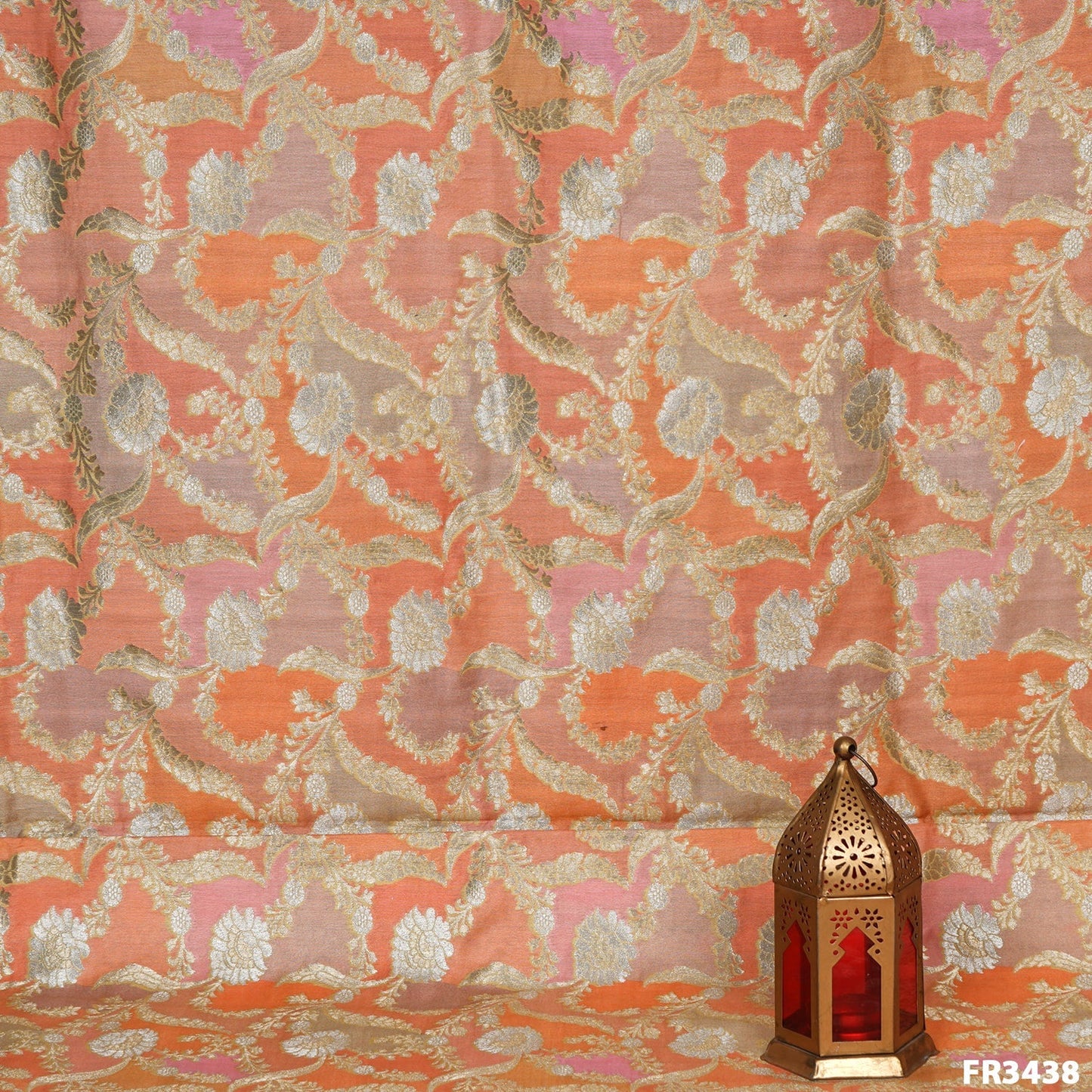 Zari Position Print Pure Silk Chanderi Brocade Fabric-FR3438