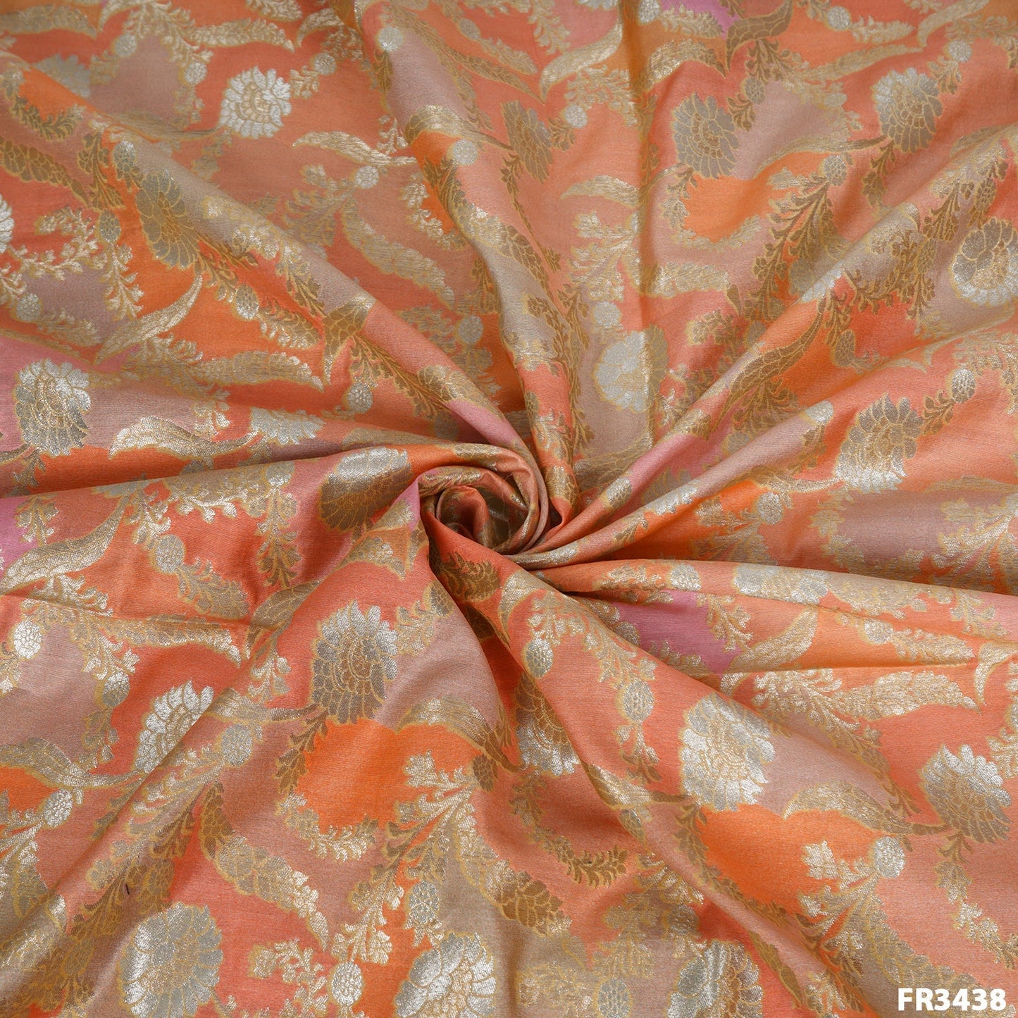 Zari Position Print Pure Silk Chanderi Brocade Fabric-FR3438